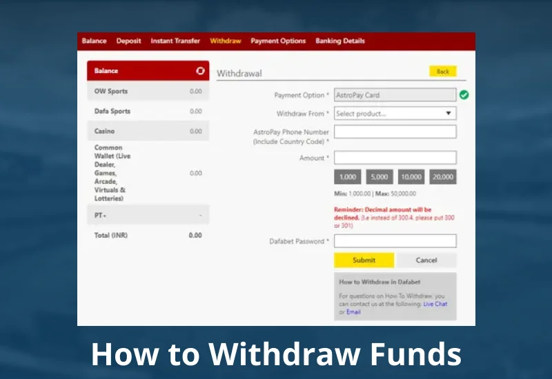 Withdrawal method on Dafabet